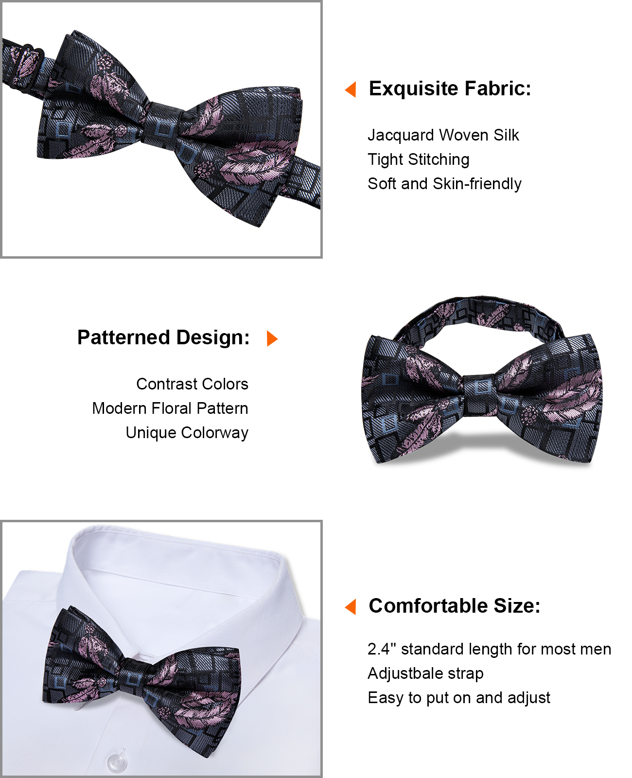 Charcoal Charm Floral Mosaic Hybrid Bow Tie - Image 5