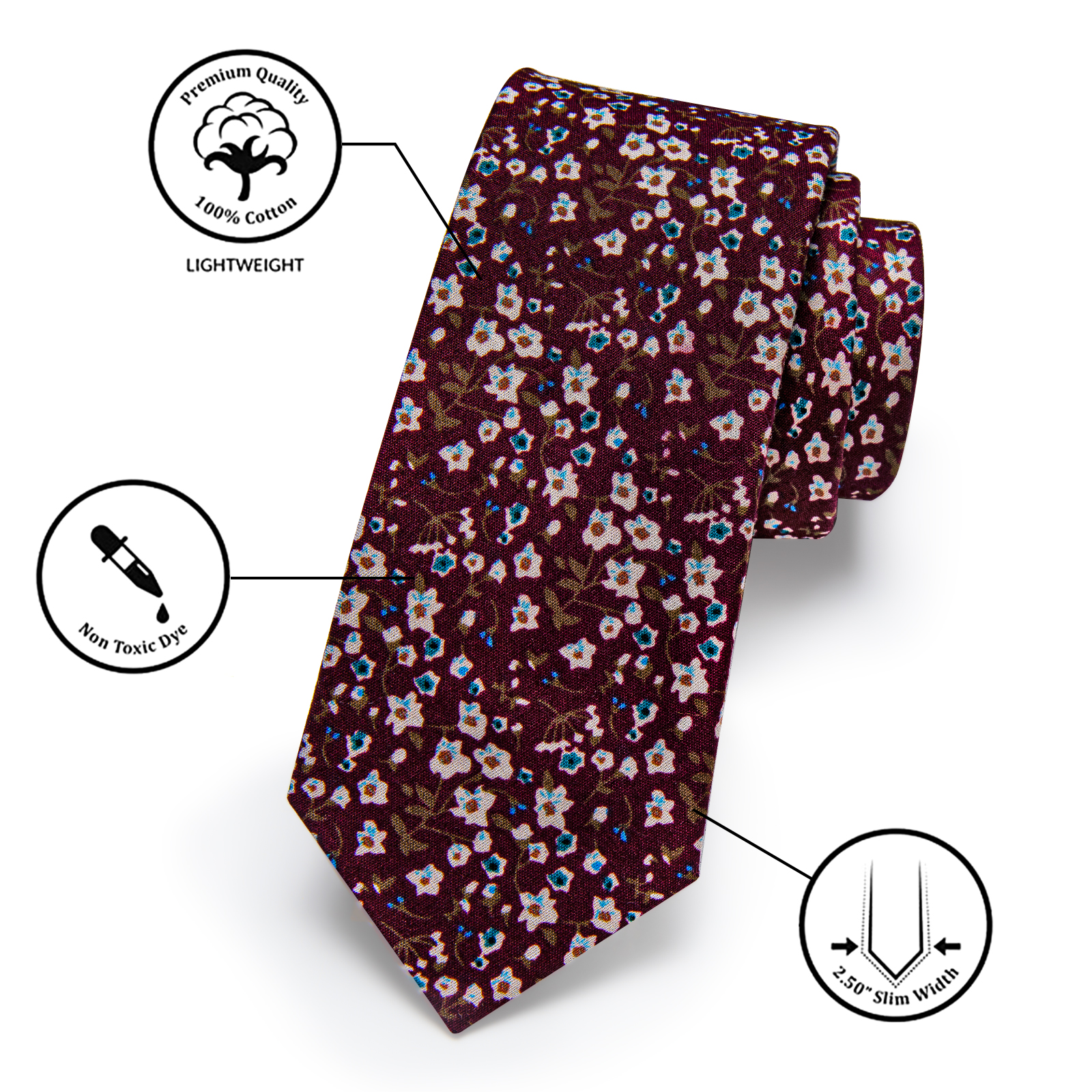 Burgundy Blossom Floral Skinny Tie - Image 3
